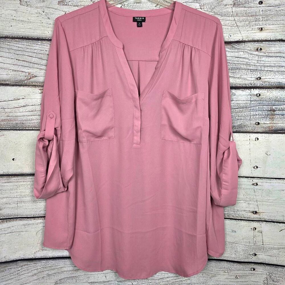 torrid Pink Button-Sleeve V-Neck Blouse